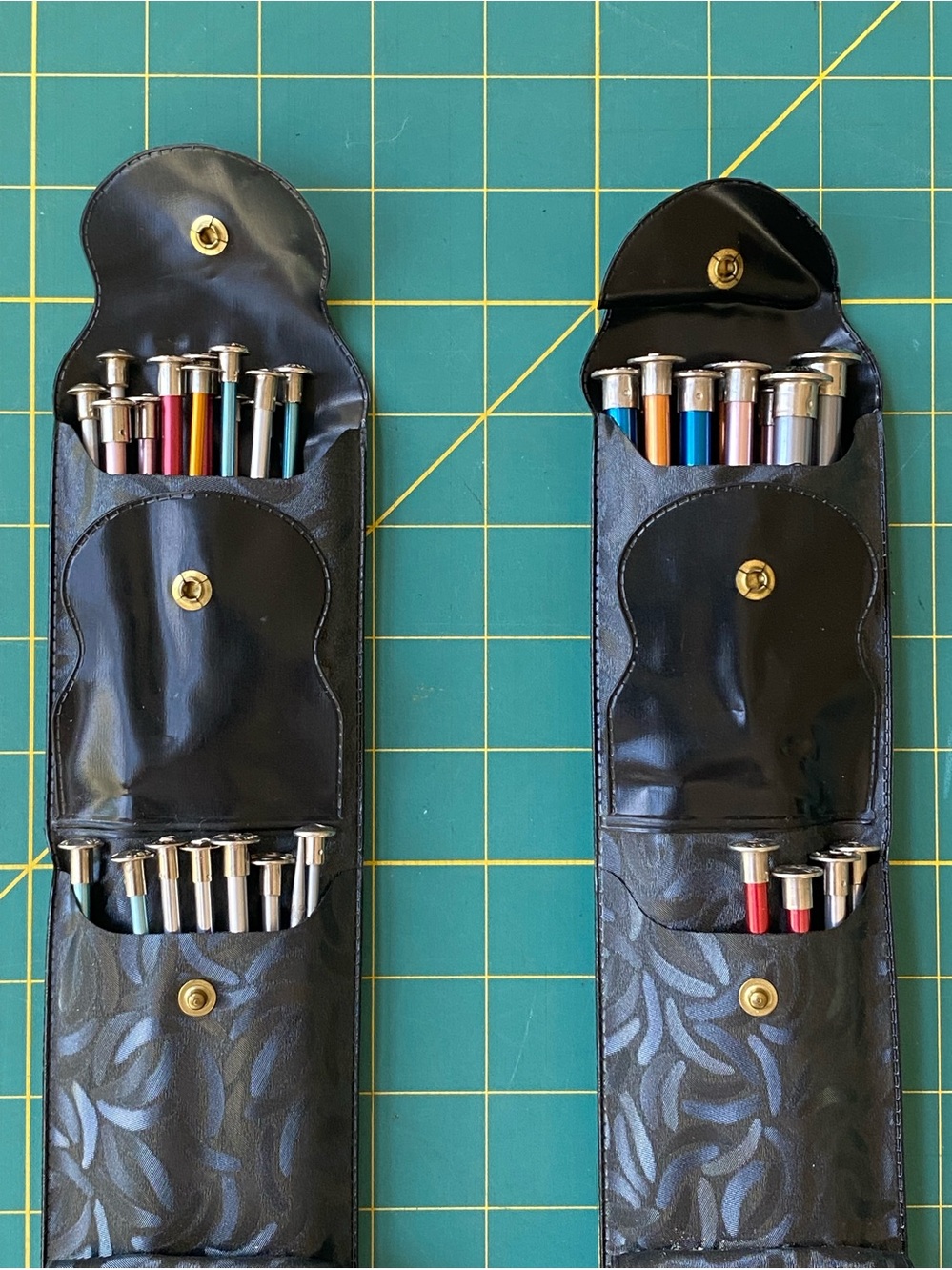 17 Pair Knitting Needles, in Needle Cases. Aluminum. 10”Length & 14”Length